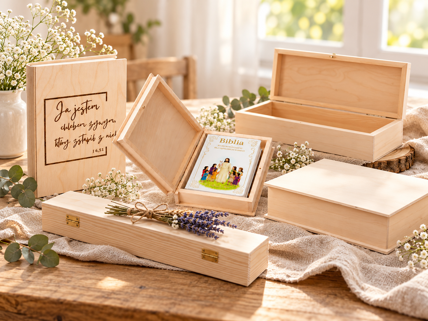 Drewniane pudełka LIPOWY BOX – naturalne i białe szkatułki z drewna lipowego w eleganckiej aranżacji